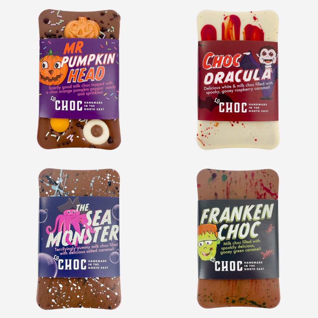 Four handmade Halloween chocolate bars bundle from La Chocolatrice, featuring Mr Pumpkin Head, Choc Dracula, The Sea Monster, and FrankenChoc.