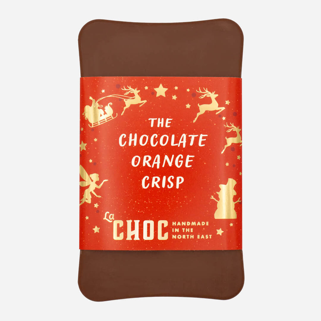 La Chocolatrice chocolate orange crisp bar with festive red and gold Christmas-themed packaging.