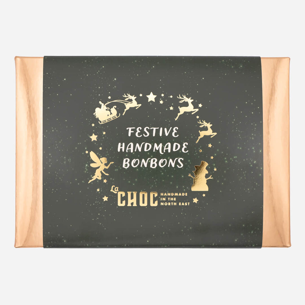Green La Chocolatrice festive handmade bonbons box featuring gold foil reindeer and winter design.