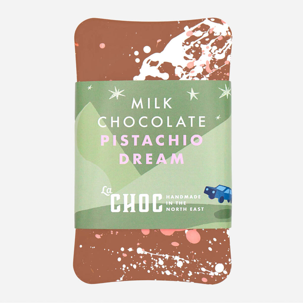 La Chocolatrice Milk Chocolate Pistachio Dream artisan chocolate bar, handmade in the North East.