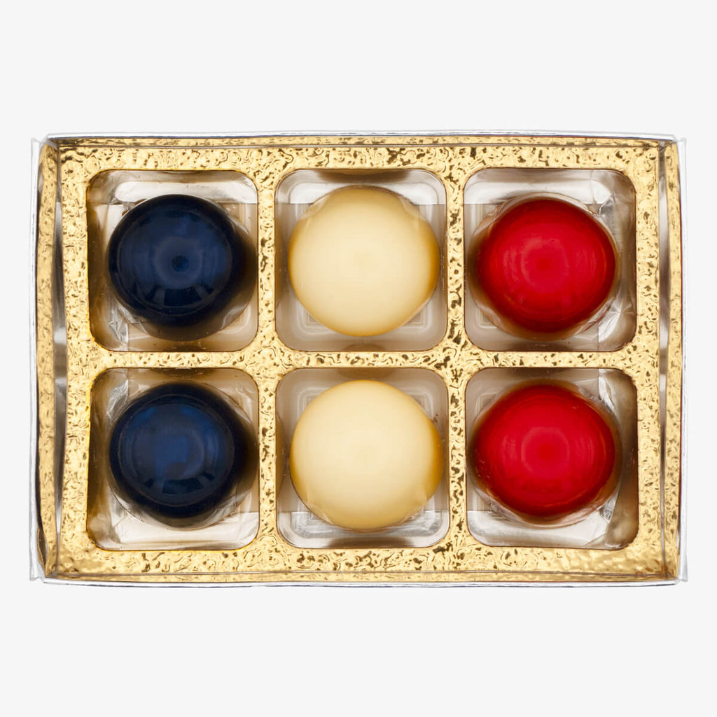 Box of red, white and blue chocolate bonbons by La Chocolatrice, handmade to celebrate VE Day